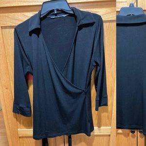 Black 3/4 sleeve stretch collared wrap blouse with tie JCPenney wrinkle free